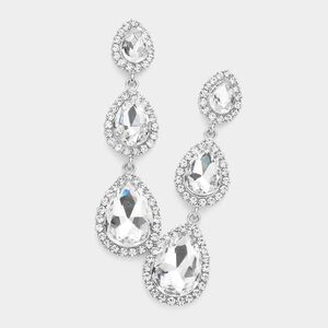 Silver Dangle Crystal Earrings 2.7 Inch Triple Teardrop Stone Drop Down Jewelry
